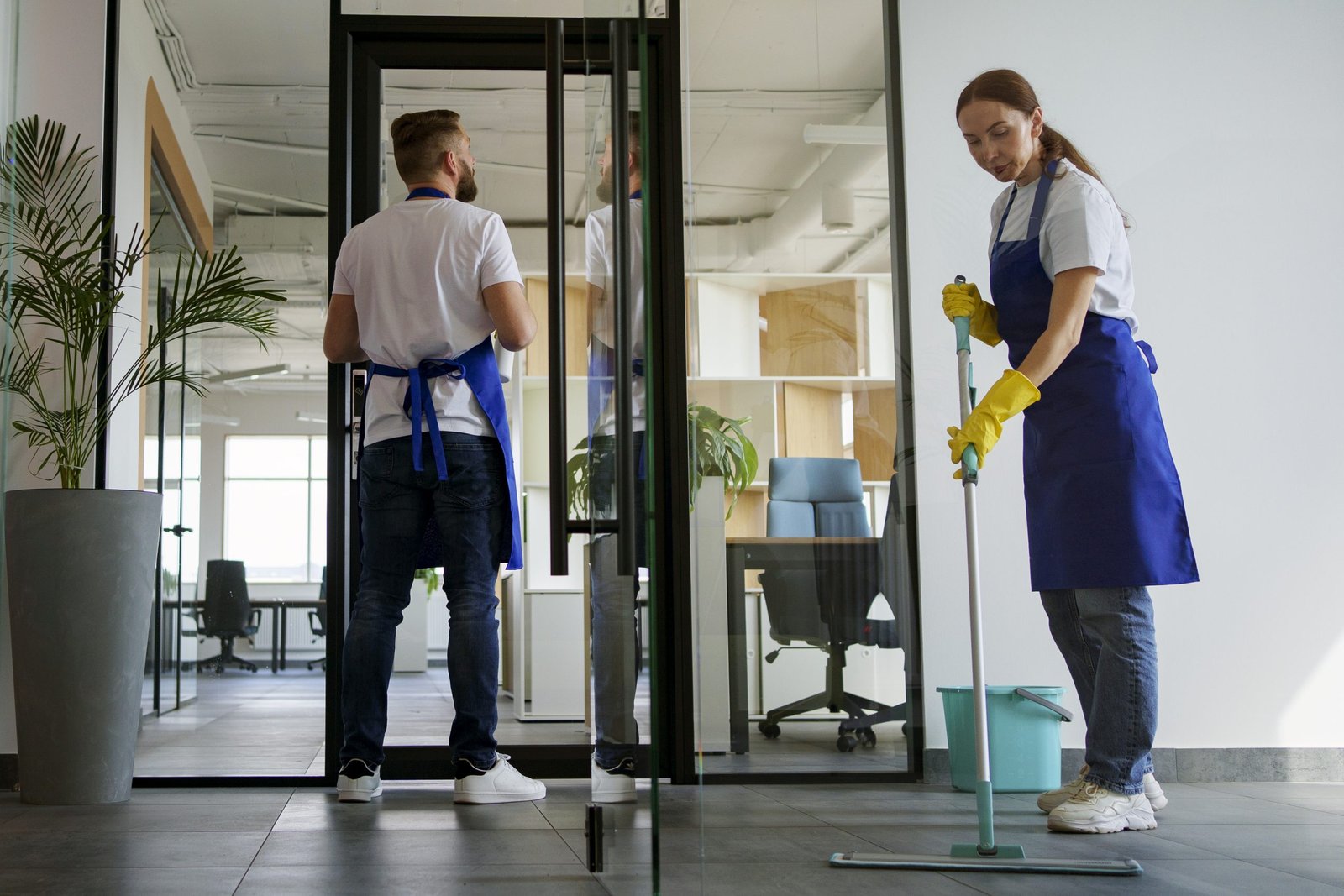 professional commercial cleaning services in gold coast mopping the floor and cleaning the window